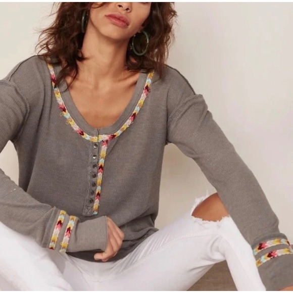 Free People Tops - Free People We The Free Grey Waffle Knit Henley Embroidered Trim Thermal Small